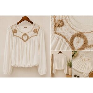 Free People Begonia Embroidered Peasant Top Ivory Boho Crochet Blouse Womens